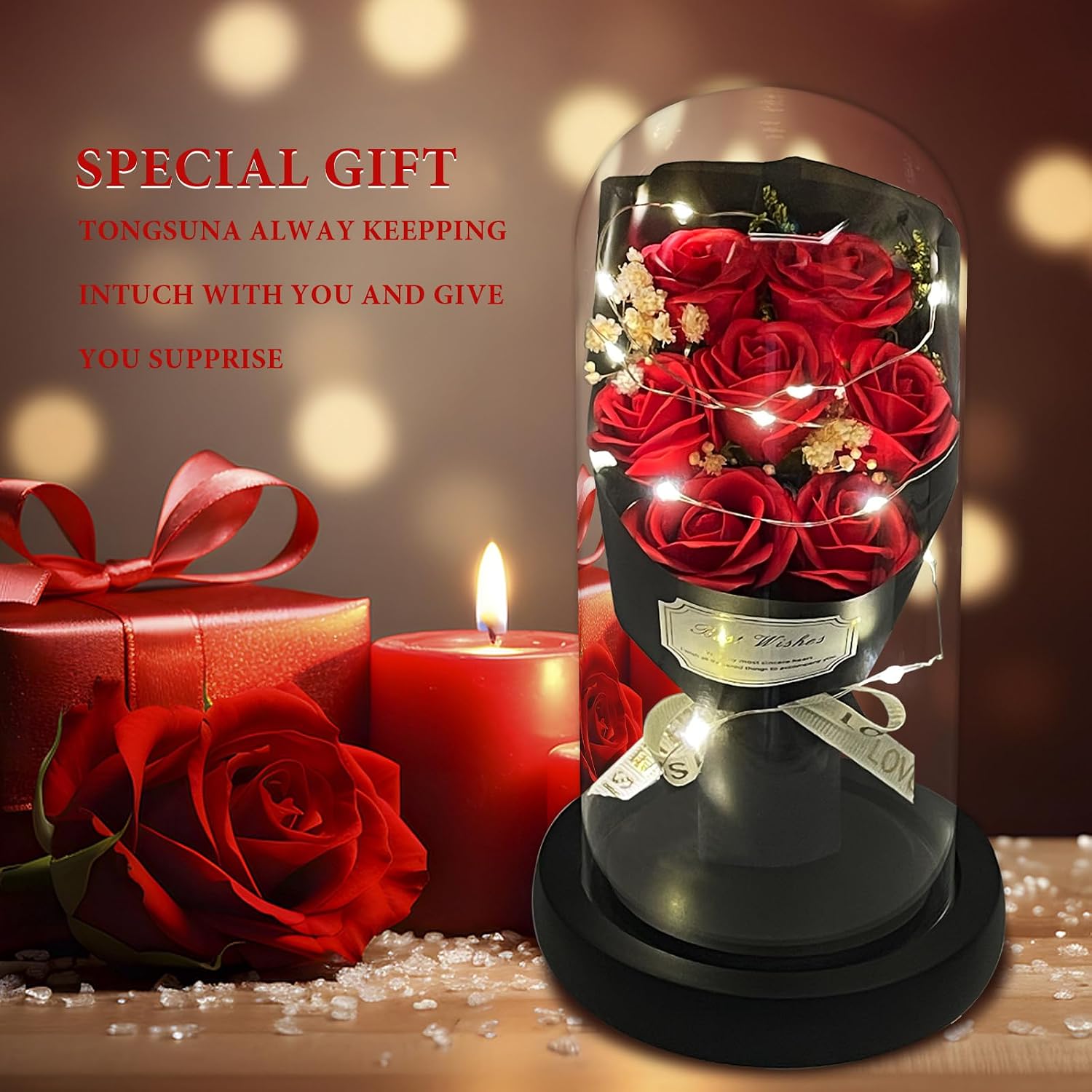 Gift for Her Forever Flower Bouquet for Delivery Prime Preserved Red Roses Glass Dome LED Light 100 Languages I LOVE YOU Necklace Mothers Day Birthday Romantic Valentines Gift for Wife Women Mom