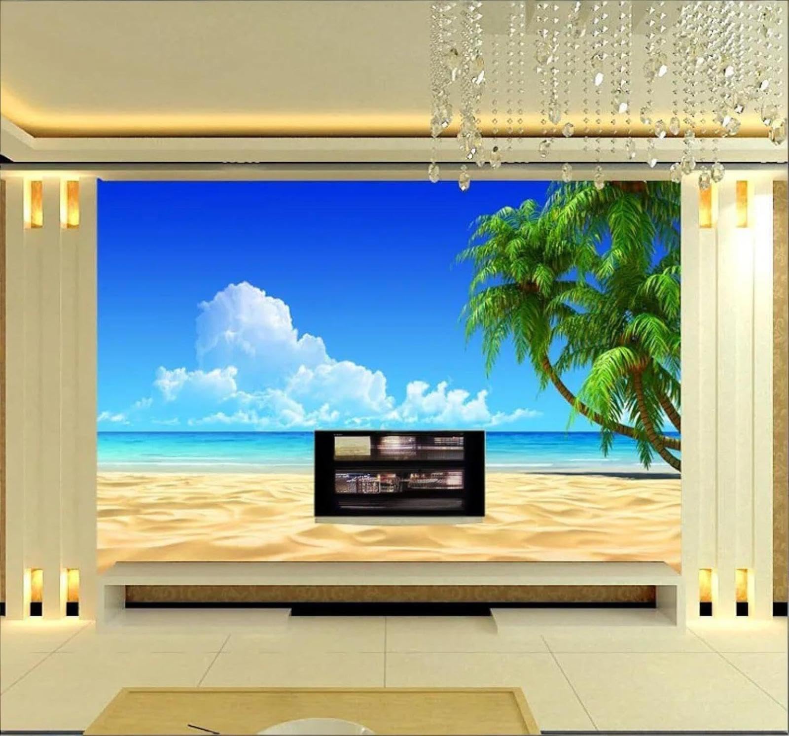 XLMING Fresh Ocean Beach Coconut Tree Landscape 3D Wallpaper Silky Texture Home Study Office Grey Dining Room Sofa Bedroom Living Room TV Backdrop-200cm×140cm
