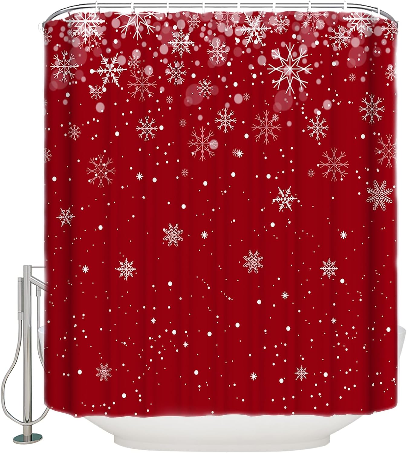 Christmas Shower Curtain, Red Snowflake Xmas Bathroom