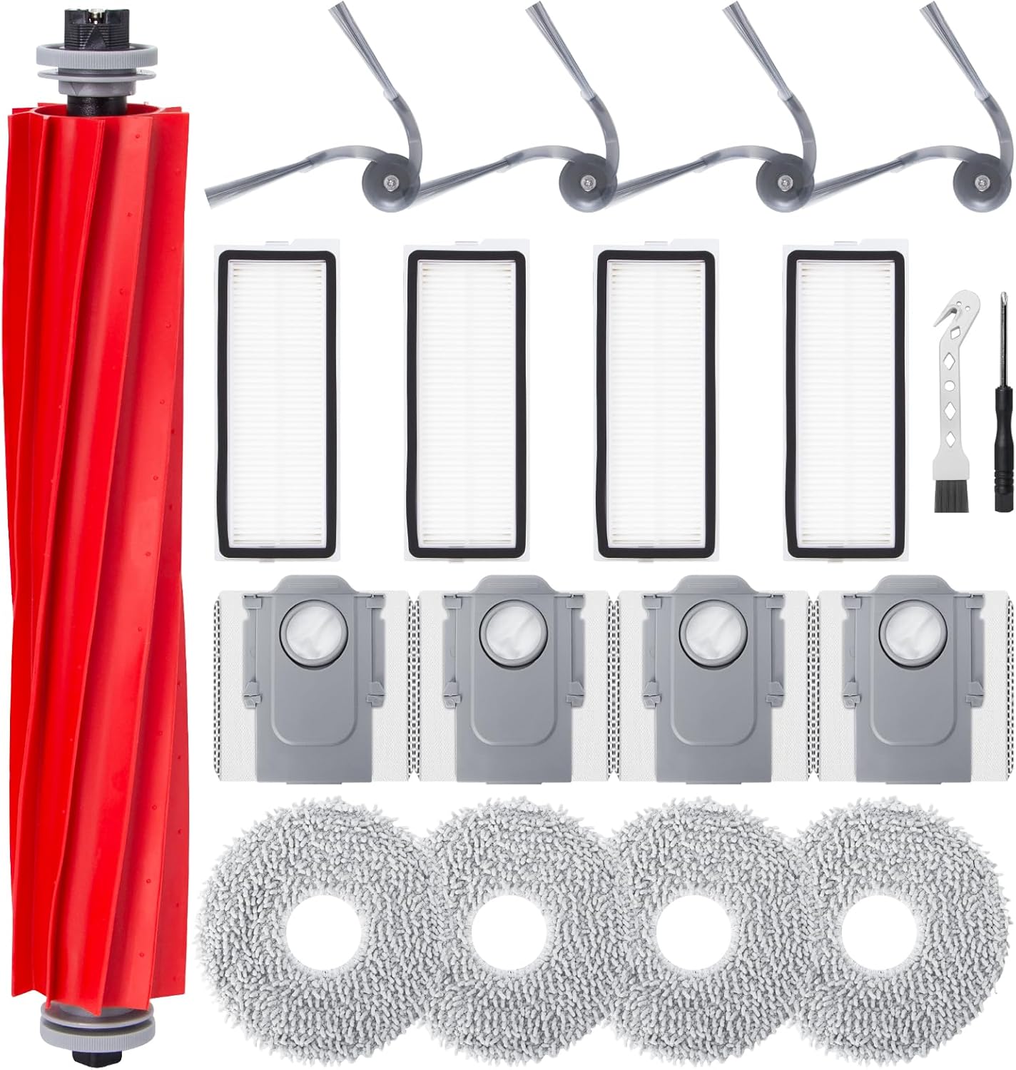 Accessories Kit for Roborock QV 35A / QR 798 / QV 35S Robot Vacuum Replacement Parts, 1 Main Brush, 4 Filters, 4 Mop Pads, 4 Side Brushes, 4 Dust Bags, 1 Cleaning Brush, 1 Screwdriver