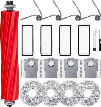 Accessories Kit for Roborock QV 35A / QR 798 / QV 35S Robot Vacuum Replacement Parts, 1 Main Brush, 4 Filters, 4 Mop Pads, 4 Side Brushes, 4 Dust Bags, 1 Cleaning Brush, 1 Screwdriver