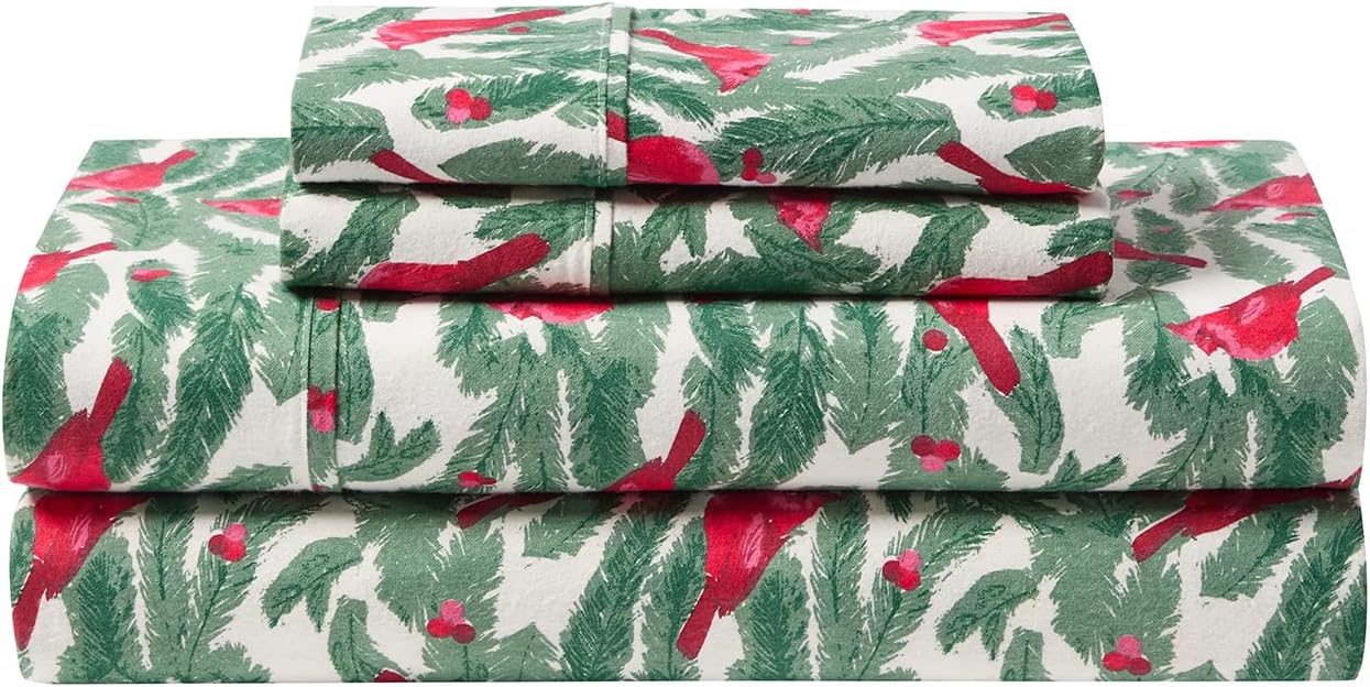 Hallmark - Holiday Sheets, 4-Piece Soft Brushed Cotton Sheet Set with Matching Pillowcase (Birdie Multi, King)