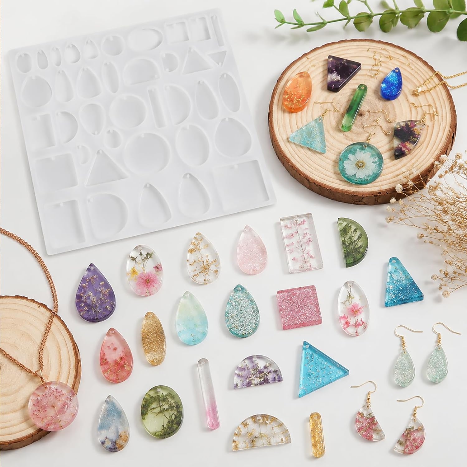 Resin Jewelry Molds Silicone Molds Casting Tray with Hole Assorted Shapes Handmade Resin Pendant Mold for DIY Gem Cabochon Earring Necklace Jewelry Keychain Bookmark Making Kit Crafting Projects