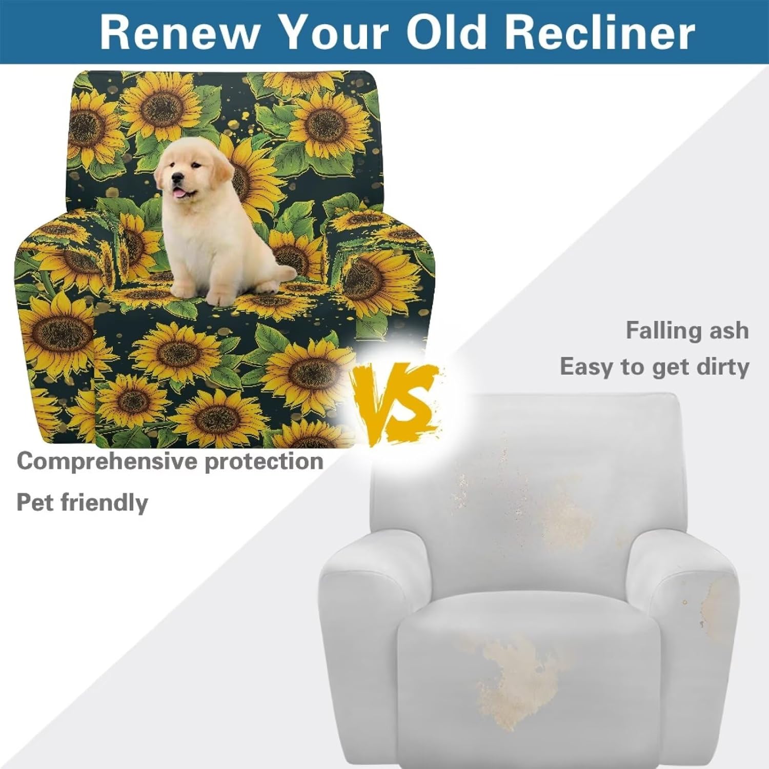 Sunflower Pattern Recliner Slipcovers 4-Pieces Covers for Electric Power Lift Reclining Chair Fitted Reclining Slipcover Floral Patterned Lazyboy Recliner Chair Cover with Handle Opening