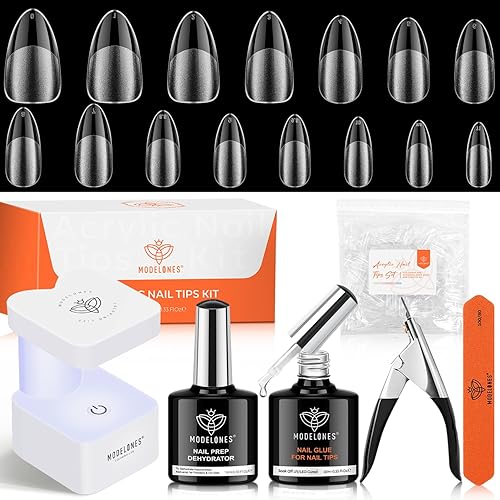 modelones X Nail Gel Kit Almond, Upgrade 15Sizes Fake Nails, 9-in-One Glue Dehydrator & Mini U V Light Clipper, 510Pcs Medium Almond Press on Tips for Extension DIY Salon Home Gift
