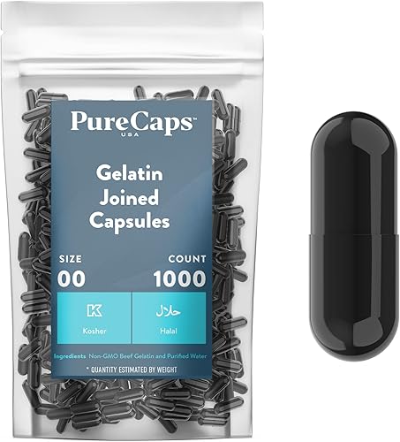 PureCaps USA - Cápsulas de gelatina vacías tamaño 00, 1,000 pastillas de gel vacías unidas, negro, certificado sin OMG, Kosher, sin gluten y