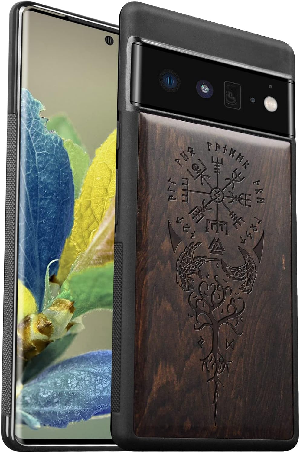 Carveit Wood Case for Pixel 6 Pro Case [Real Wood & Soft TPU] Shockproof Hybrid Protective Unique & Classy Wooden Cover Compatible with Google Pixel 6 Pro (Vegvisir Viking Compass-Blackwood)