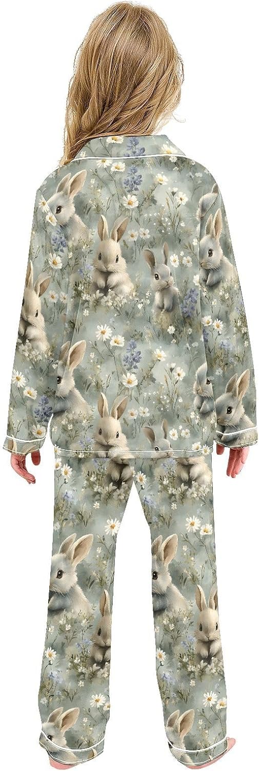 senya Watercolor Bunnies Rabbits1 Satin Pajama Sets Long Sleeves Nightwear Button Down Sleepwear