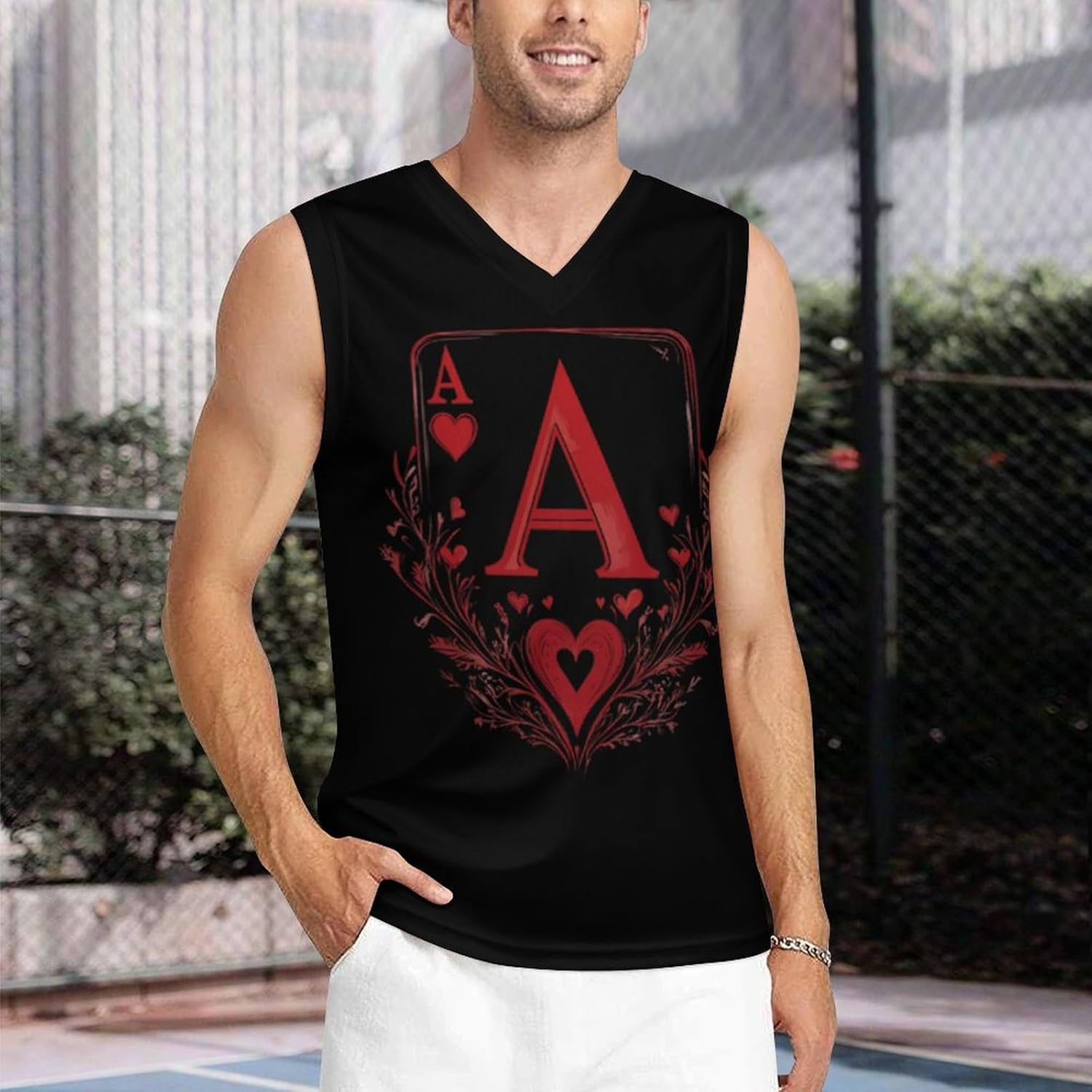 A Red-Heart Poker Men's V-Neck Basketball Tank Top Sleeveless Workout Tank Shirts Gym Fitness Tees Vest