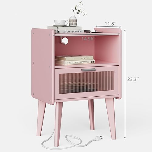 Miniatura 2 de Mesita de noche con estación de carga, mesitas de noche mesa auxiliar rosa con espacio de almacenamiento de 2 niveles, para dormitorio, sala de