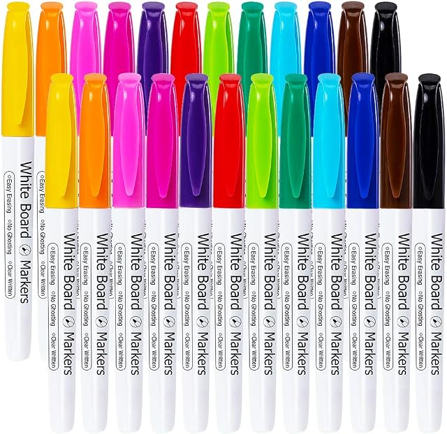 Whiteboard Pens, 24 Dry Wipe Markers, Thin WhiteBoard Markers, White Board Pens Colour, Dry Erase Marker for Whiteboards, WhiteBoard Marker Pens for Kid Adult