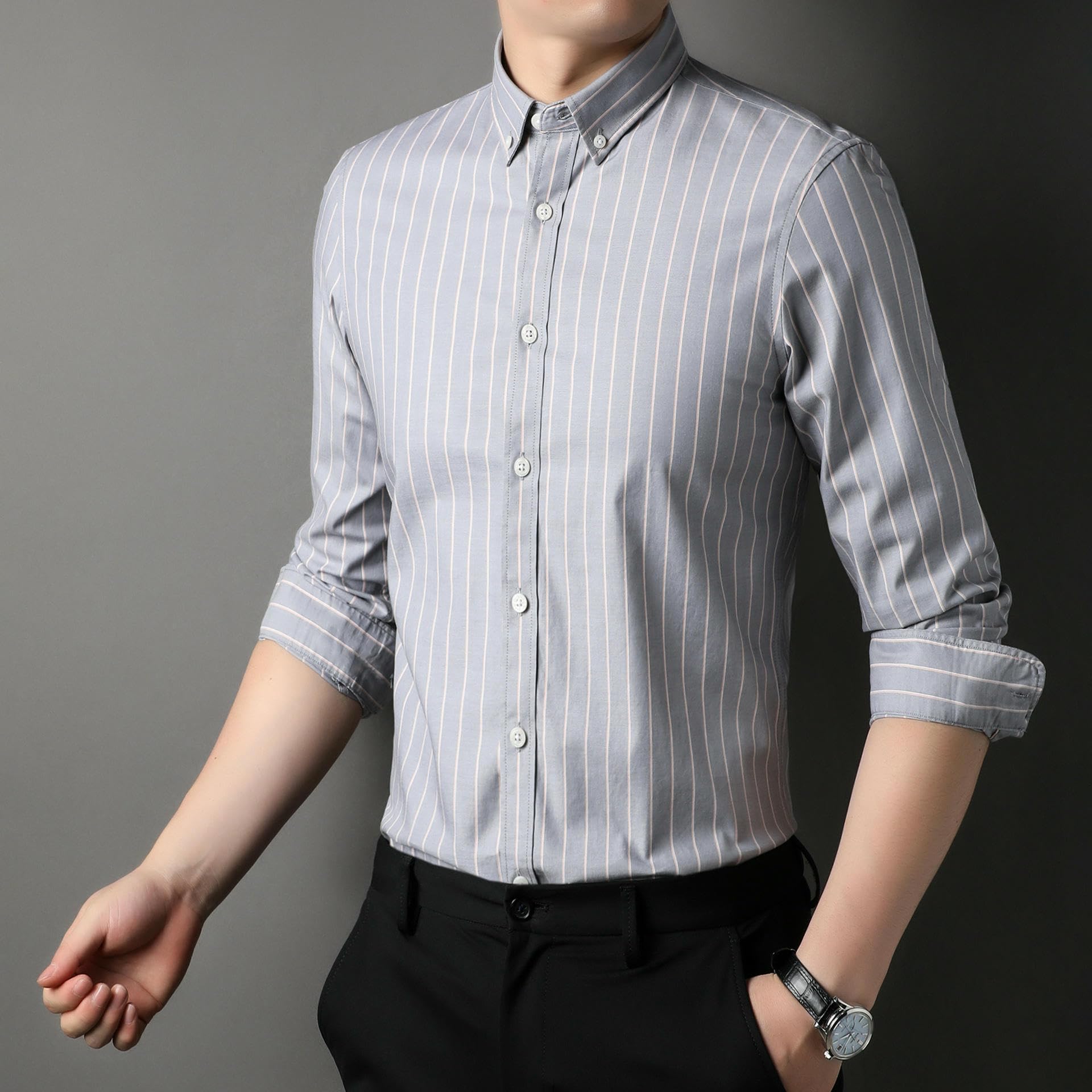 Herren Baumwolle Langarm Vertikal Gestreiftes Frühling Herbst Knitterfreies Hemd