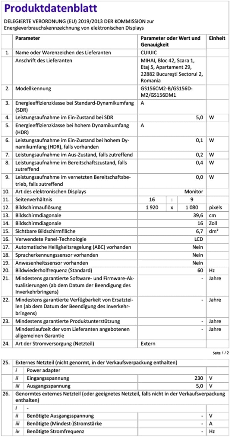 Product data sheet for CUIUIC portable monitor