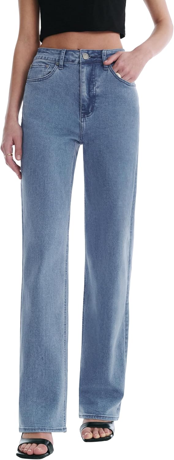 Women’s Jeans High Waisted Straight Leg Stretchy Jeans Trendy Wide Leg Casual Fit Denim Pants