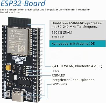 Freenove ESP32 dev Board Kit Dual-Core 32-Bit 240 MHz Microcontroller Development Onboard WiFi+BT Python C Code Sample Projects Tutorial