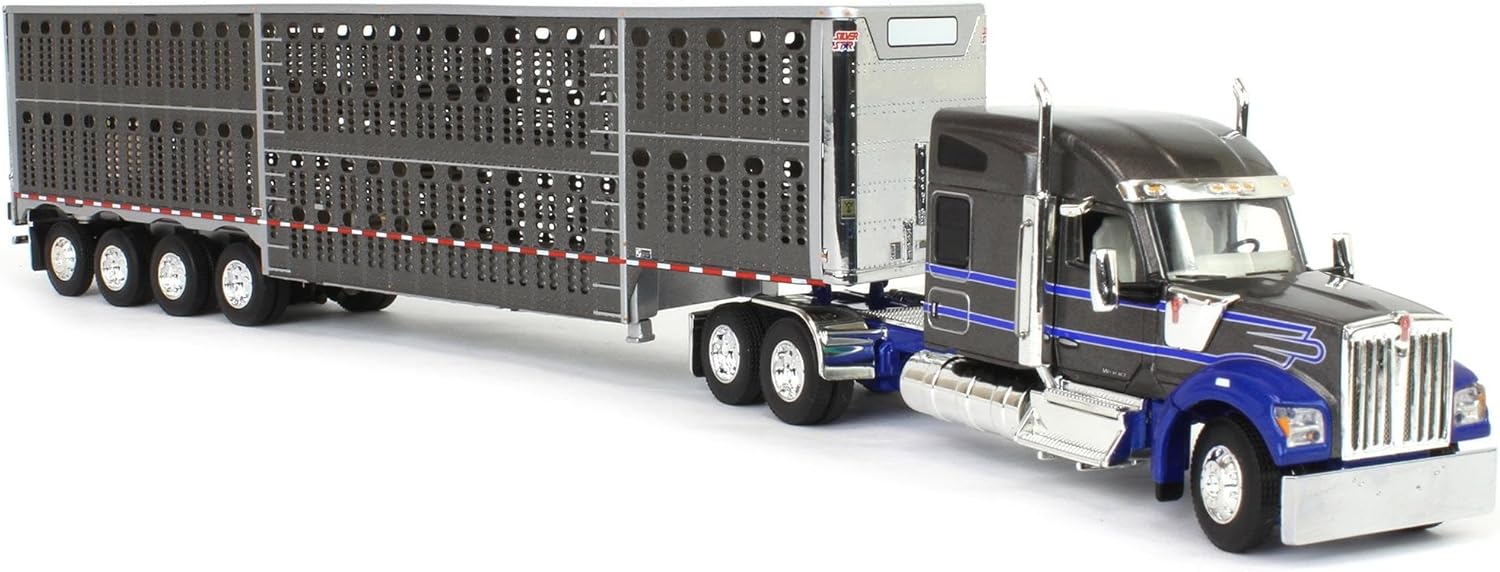 DCP First Gear 1/64 Gray & Blue Kenworth W990 with Wilson Silverstar Livestock Quad-Axle Trailer 60-1897