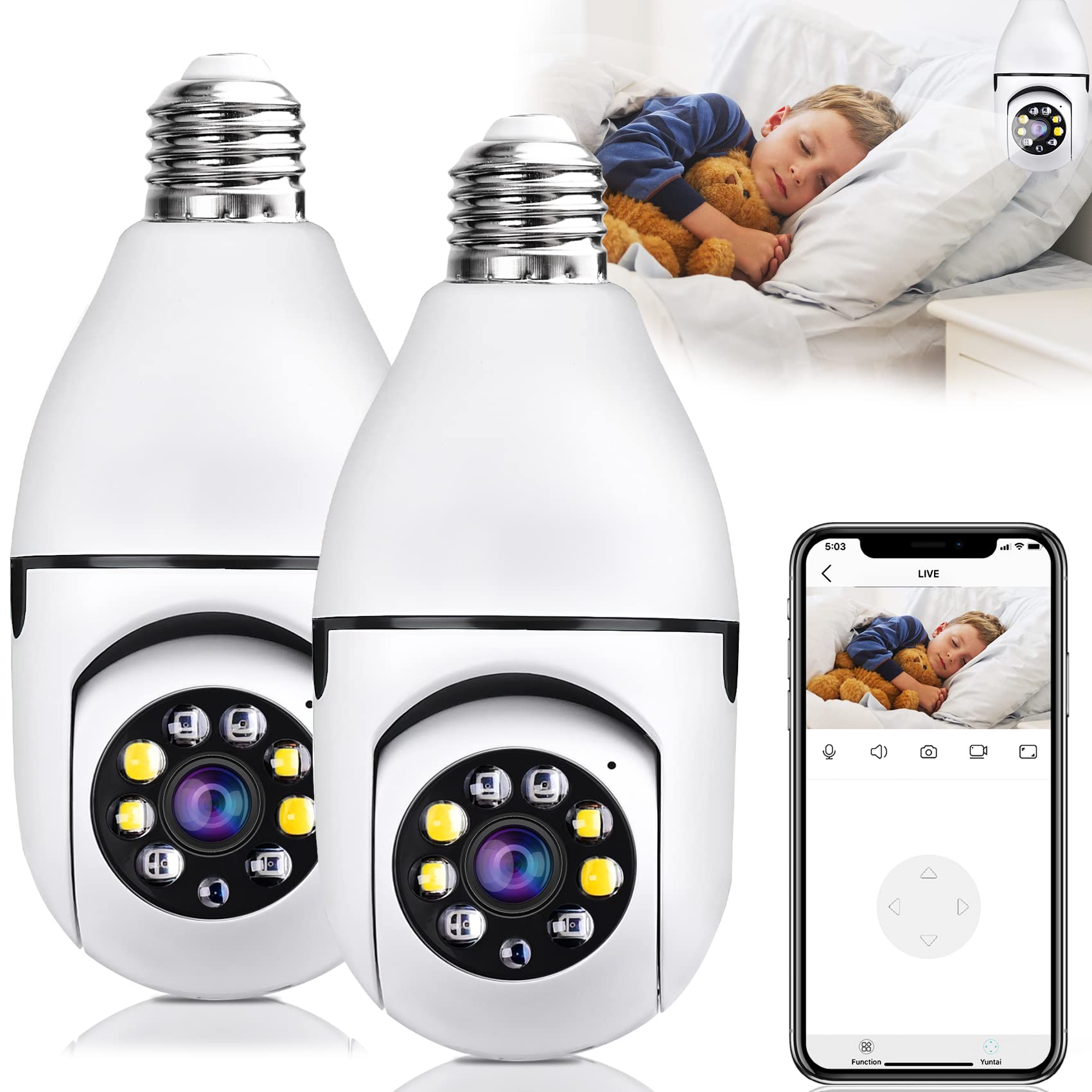 2PCS Light Bulb Cameras 1080P Wireless, 2.4GHz WiFi Security Camera, 360Â° Panoramic Surveillance Camera Outdoor, Indoor Camera for Home Security, Motion Detection Alarm Night Vision, Two-Way Audio