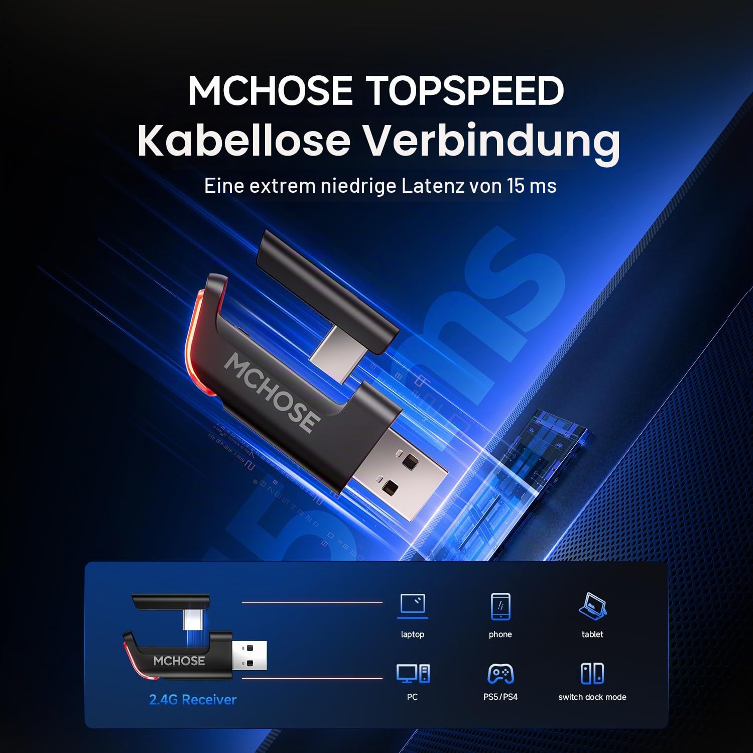MCHOSE V9 Pro Kabelloses Gaming-Headset, 7.1 Surround Sound, 53 mm Neodym‑Treiber, 3‑Modi‑Konnektivität, 250 Stunden Akku, Abnehmbares Mikrofon, kompatibel mit PC, Mac, PS5, PS4, Switch‑Serie