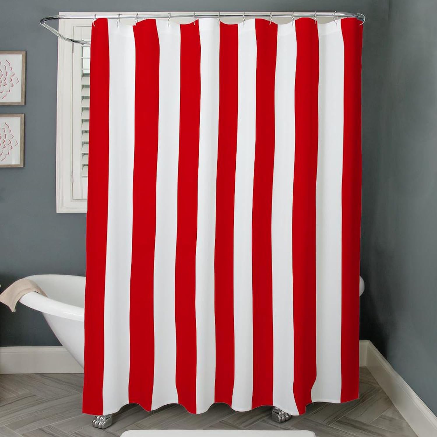 CafePress Red and White Vertical Stripes Decorative Fabric Shower Curtain