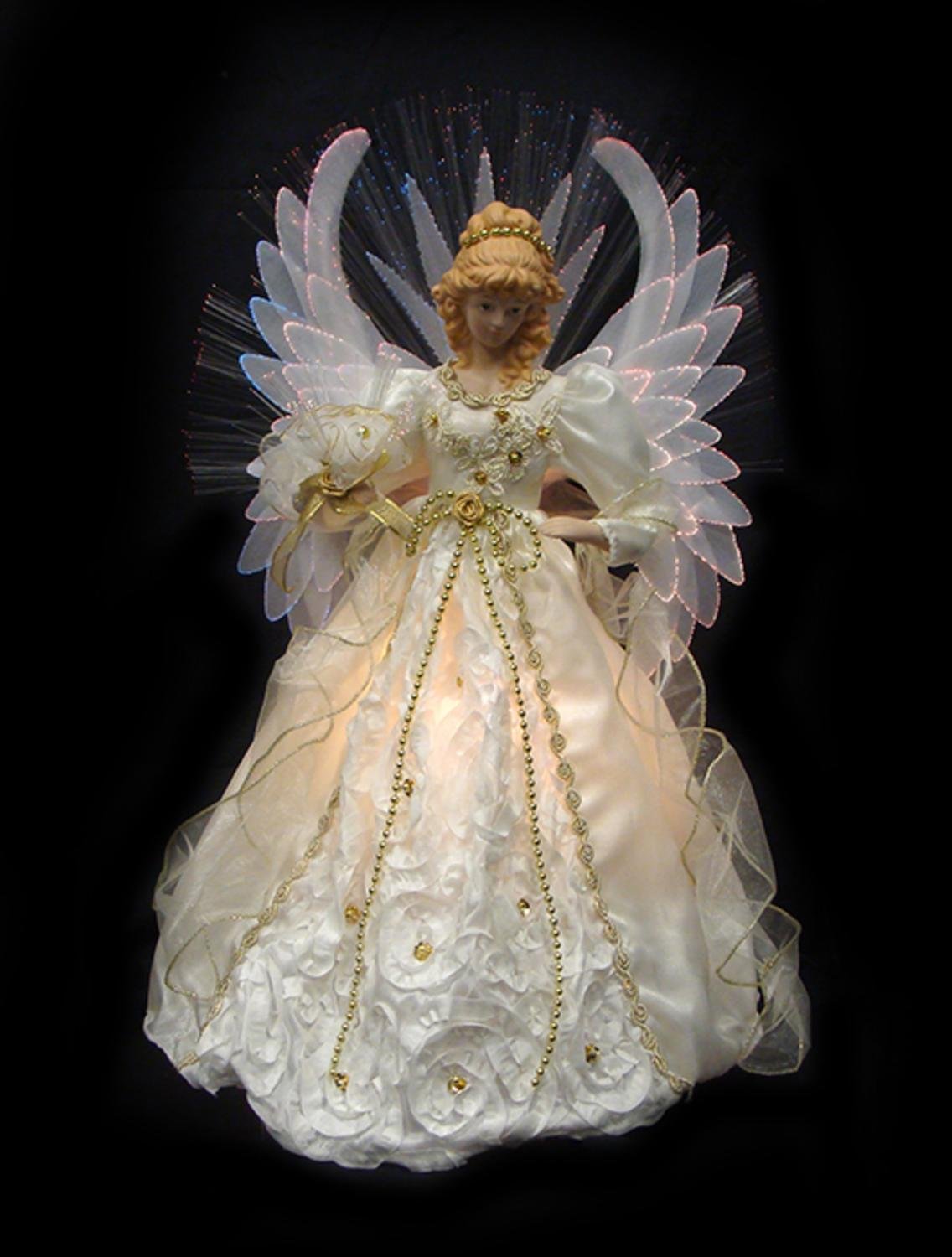 Vickerman Lighted Cream and Gold Fiber Optic Angel Christmas Tree Topper, 19