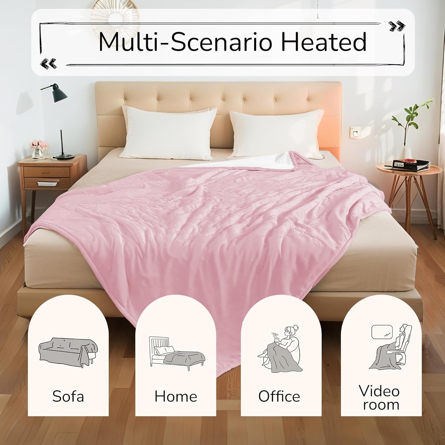 Electric Heated Blanket King Size 90"x100" - Dual-Sided with Microplush & Sherpa Fabric, 4 Heat Settings & 10 Hours Auto Off, Dual Controller, Machine Washable - Light Pink - Image 6