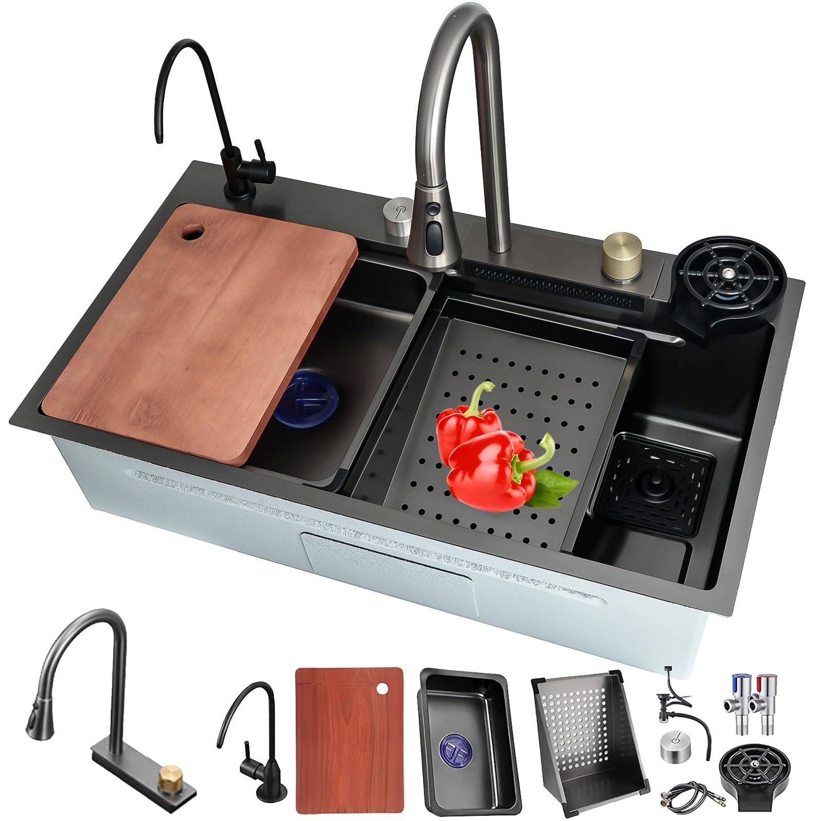 ZQFHSX Black Stainless Steel, Waterfall Single Bowl Workstation multifunctional Top-Mount Nano Coating Bar Sink with Pull-Out Faucet, Siphon, Overflow and Drain set(Black#1A