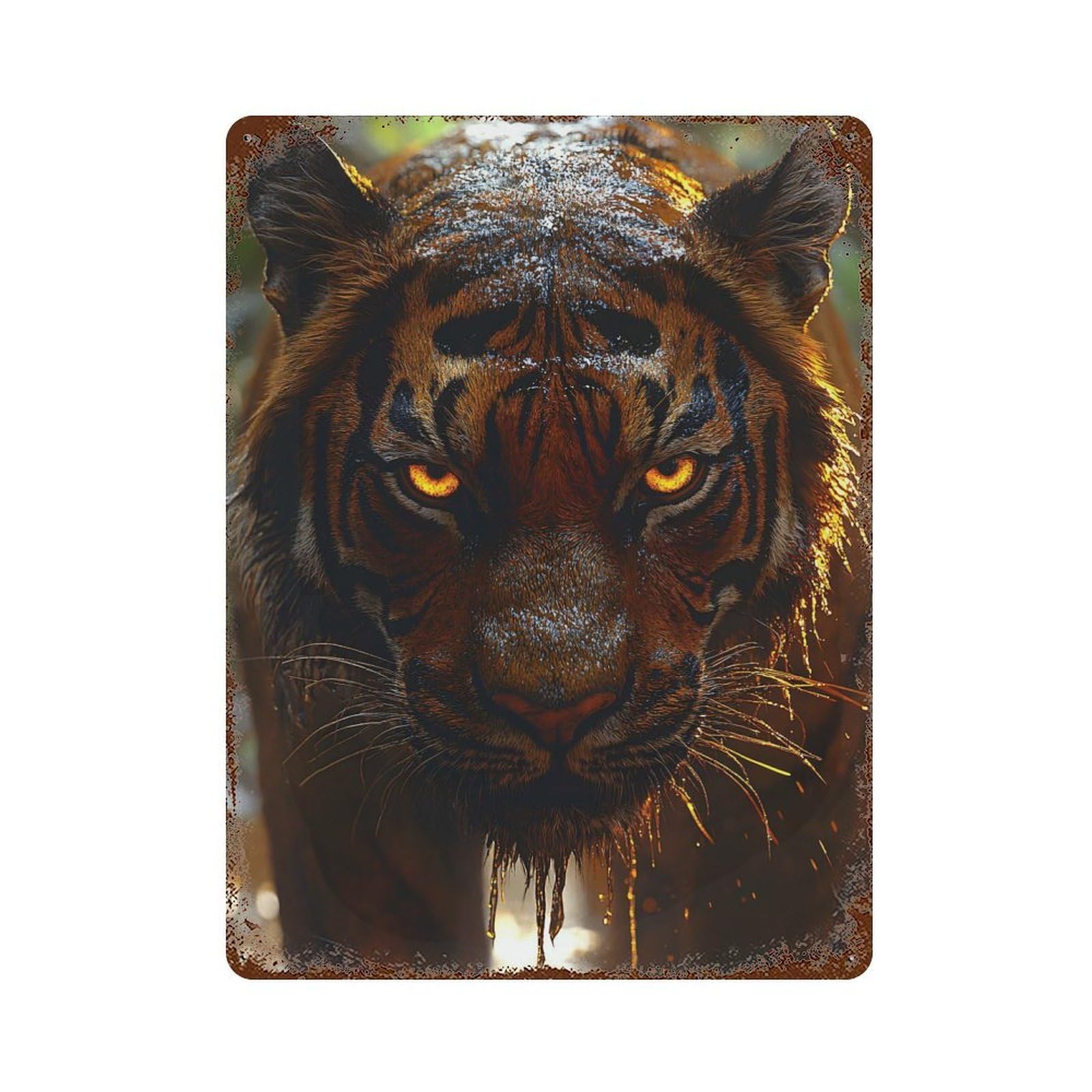 Intense Tiger Portrait with Glowing Eyes Aged Metal Wall Plaque 15.7"x11.8", Classic Wall Plaque for Garage, Pub Or Kitchen