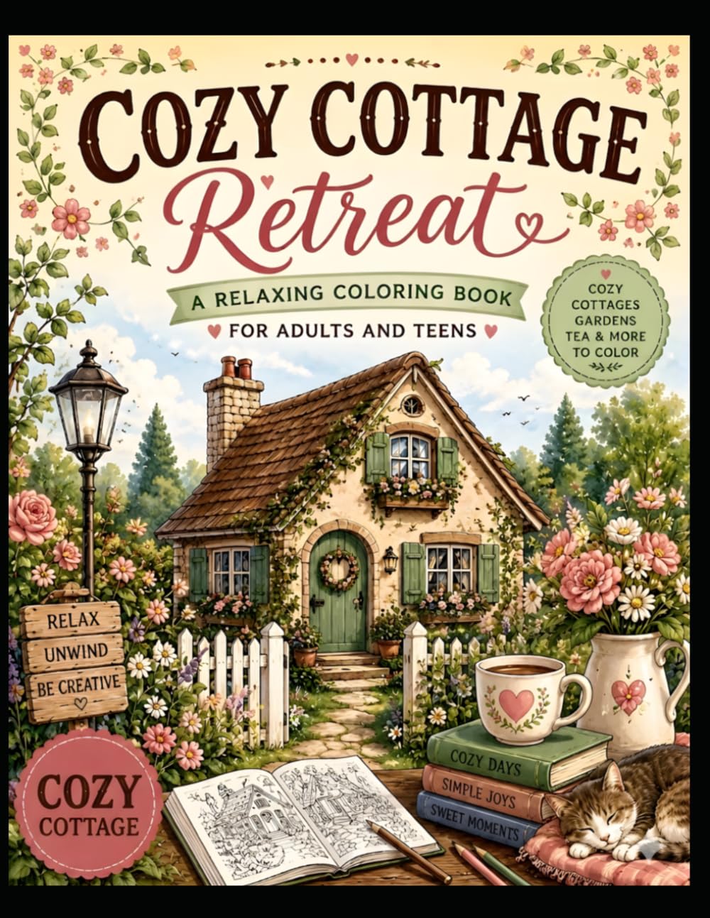 Cozy Cottage Retreat: A Relaxing Coloring Book Filled with Charming Cottages, Gardens, Tea Time & Cozy Country Scenes