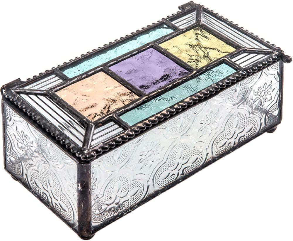 J Devlin Glass Art -Stained ewelry Box Display Decorative Keepsake Turquoise Blue Purple Green Peach Trinket - Box 864
