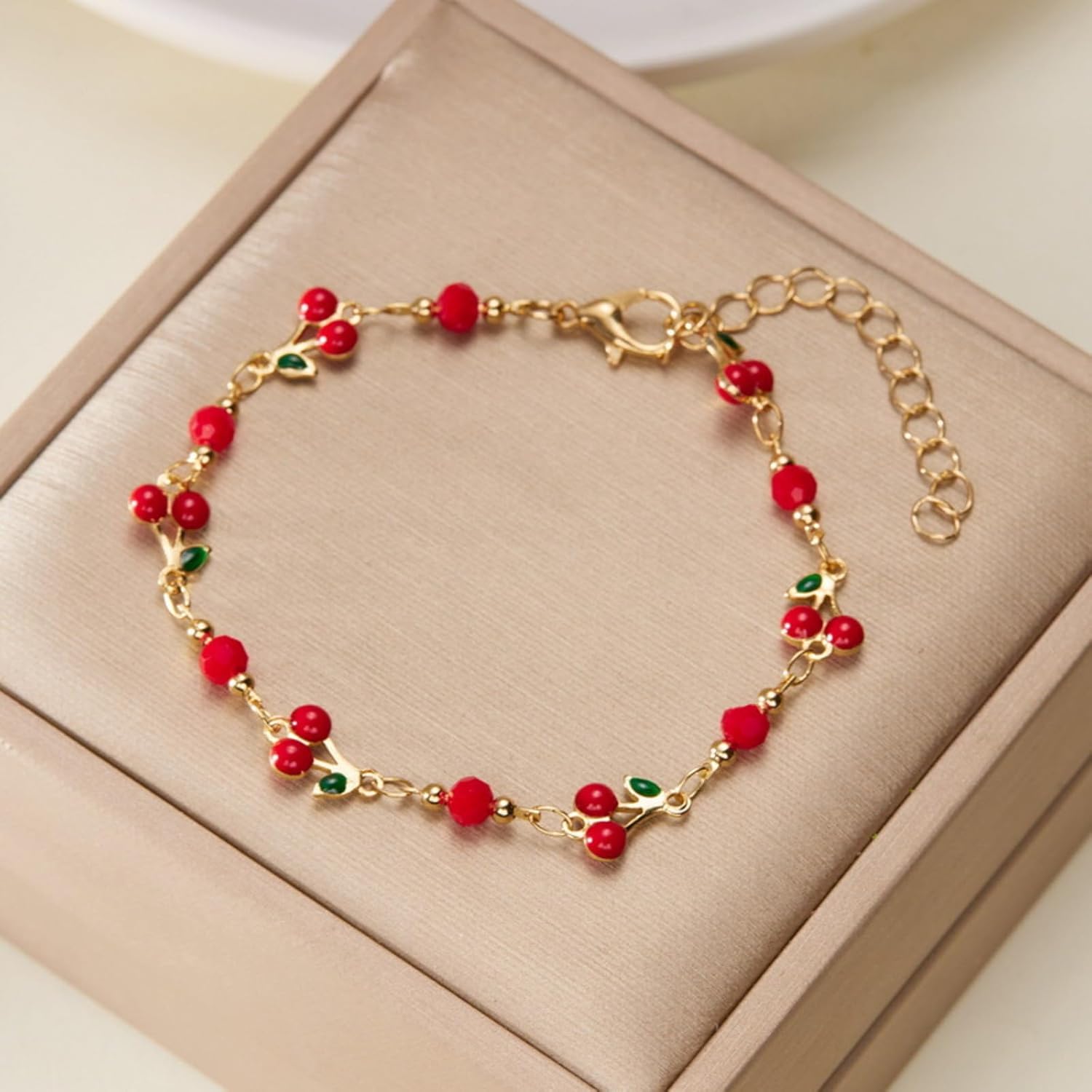 Cherry Bracelet for Women Gold Evil Eye Link Bracelet Dainty Flower Daisy Bracelets Pearl Butterfly Heart Charm Bracelets Adjustable Summer Beach Jewelry - Image 3