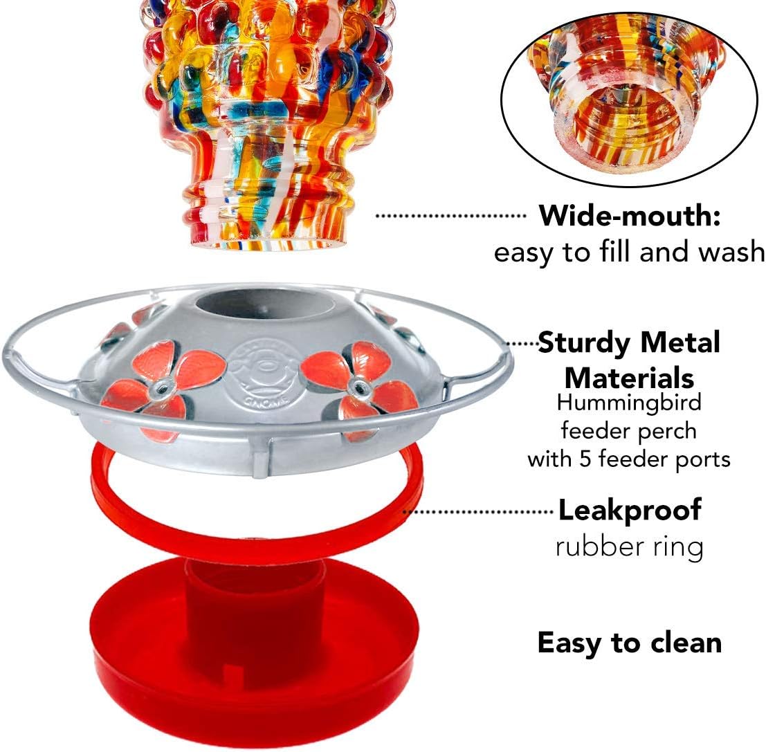 Hummingbird Feeder by Grateful Gnome - Large Hand Blown Stained Glass Feeder for Garden, Patio, Outdoors, Window with Accessories S-Hook, Ant Moat, Brush - 12 fl oz, Cherokee Corn Design
