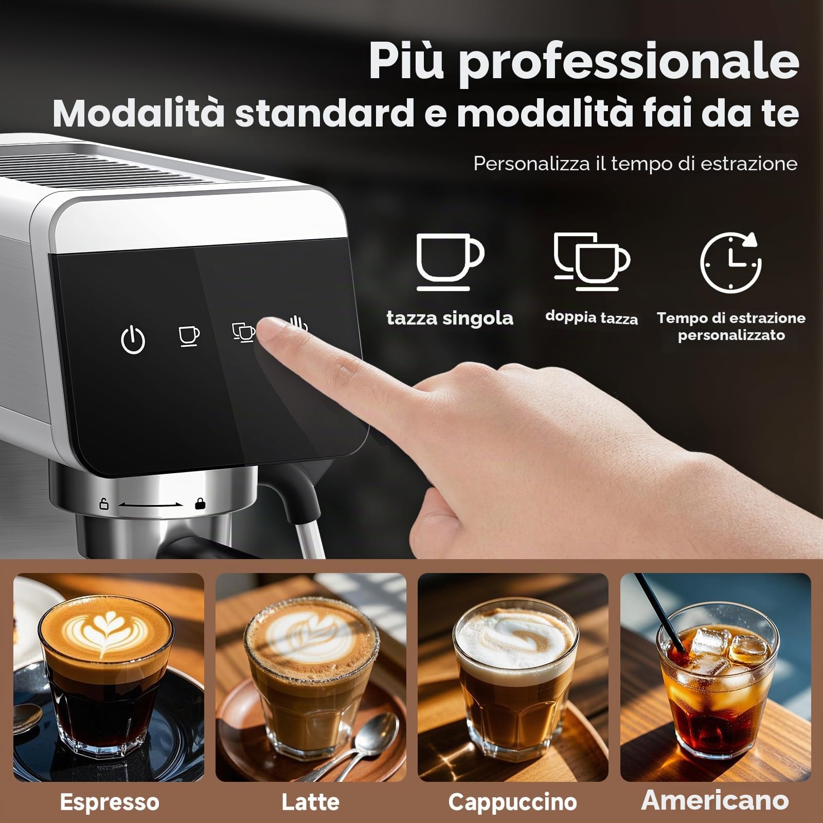 AMZCHEF Macchina per caffè espresso 20 bar con indicatore LED Home 2 in 1 con serbatoio rimovibile da 1,2 l, per regali domestici, compatta in acciaio inox, 1350 W