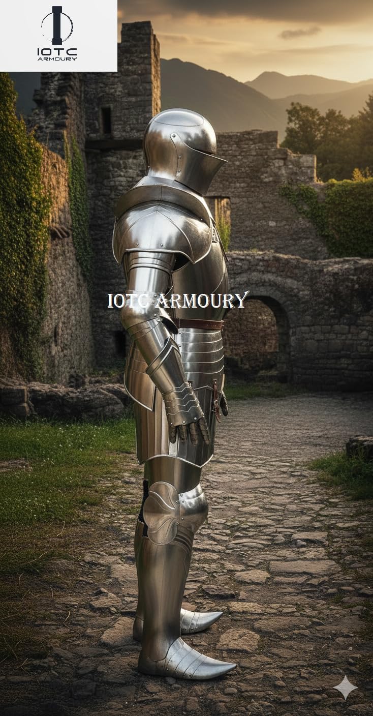 Medieval Knight Full Suit of Armor Fully Wearable Knight Armor Costume with Armor Stand for Display Purpose Perfect for LARP, Reenactment, Cosplay & Theator Act Costume-Halloween Costume Silver