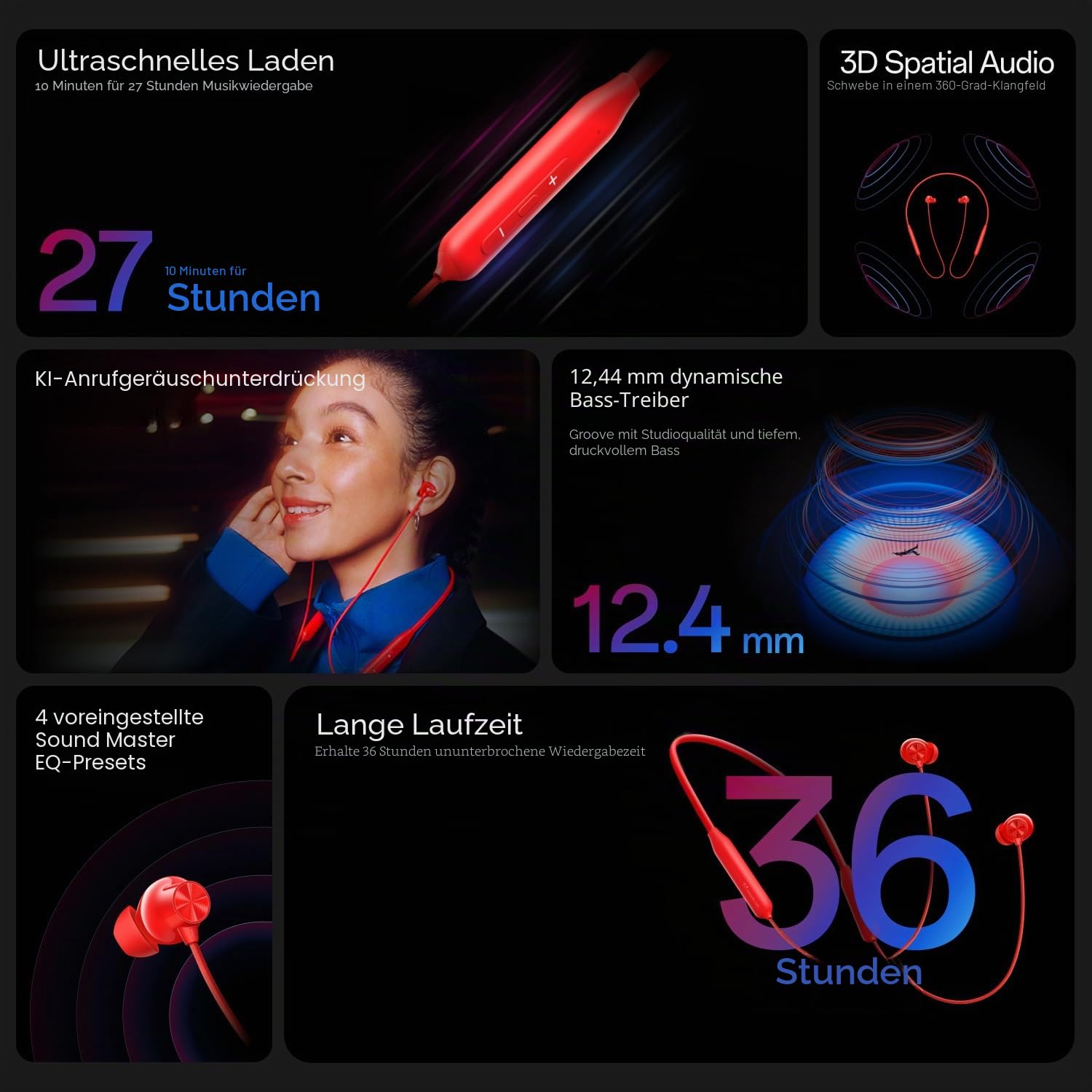 One Plus Bullets Wireless Z3 Bluetooth-Kopfhörer, 12,4 mm Treiber, 36 Stunden Akkulaufzeit, Space Audio