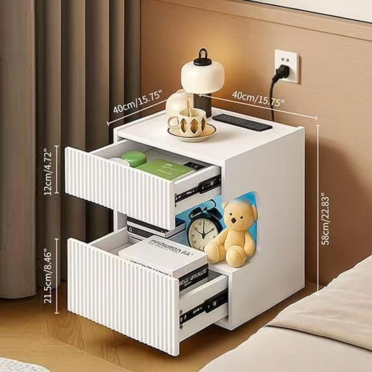 Night Stand with USB-C Charging, Adjustable RGB LED Lights, Modern White Nightstand with 2 Drawers, Bedside Table for Bedroom, 400x400x580, Bed Stand, End Tables