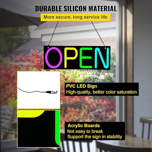 Miniatura 4 de VEVOR Letrero LED abierto, 20 x 7 pulgadas, letrero abierto de neón para negocios, brillo ajustable, luces de neón multicolor con control remoto y
