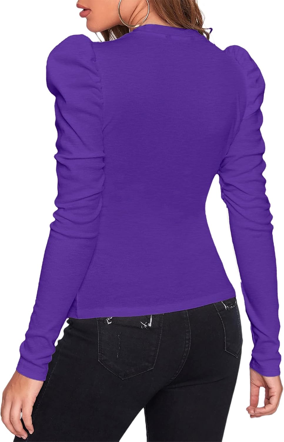 Remidoo Women's Solid Round Neck Puff Long Sleeve Slim Fit T Shirt Tops - Image 2