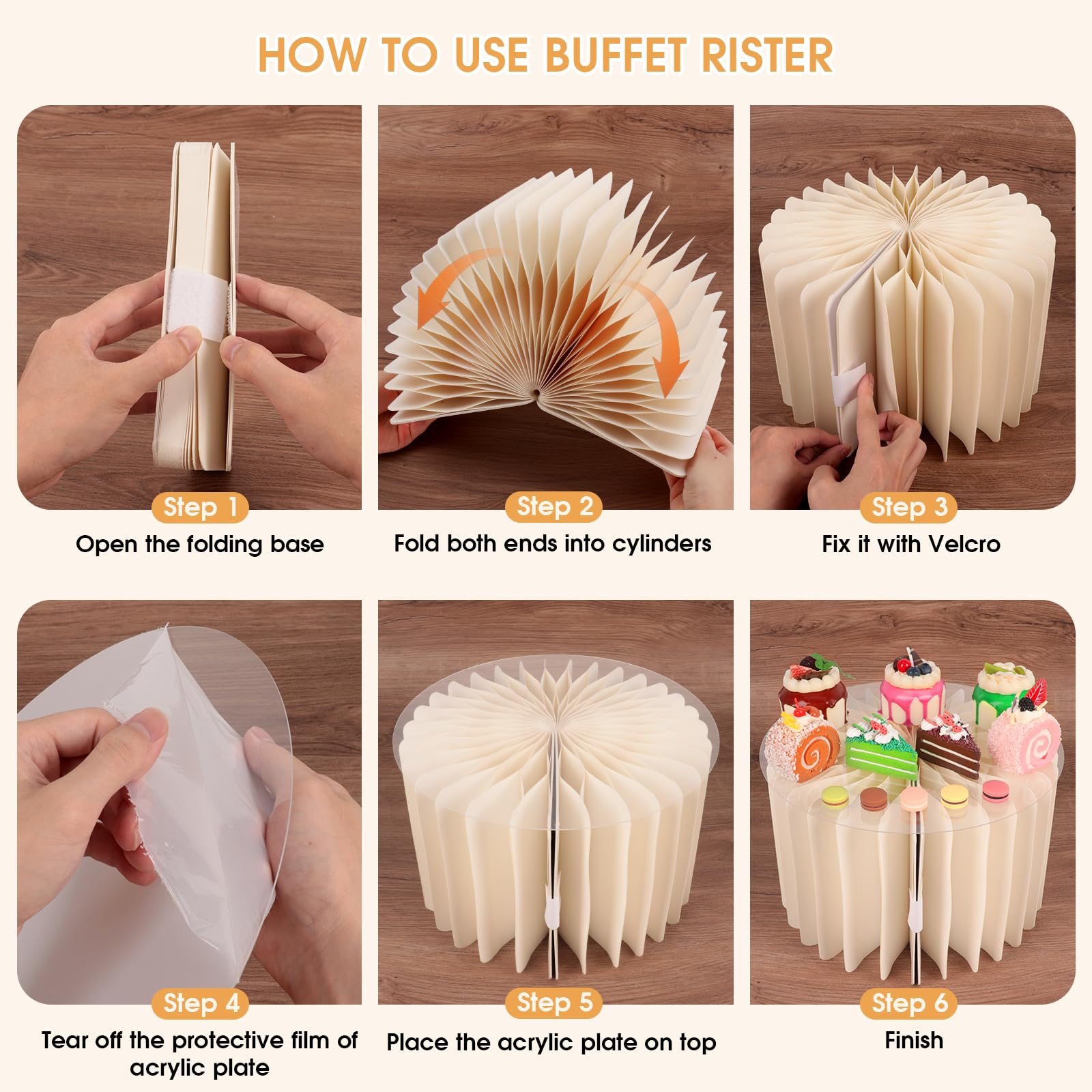 10 Stück faltbare Buffet-Erhöhungen, Lebensmittel-Erhöhungen, Präsentationsständer für Buffettisch, 5 Höhen, zylinderförmige Kuchenerhöhungen mit transparenter Acrylplatte, Desserttisch-Display-Set