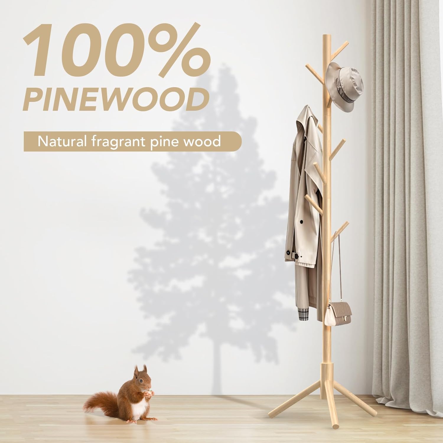 Wooden Coat Rack Freestanding with 8 Hooks,Easy Assembly New Zealand Pine Tree Coat Racks, 3 Adjustable Sizes for Clothes, Hats, Bags, for Entryway, Hallway, Bedroom, Office (Natural, 1 PC)
