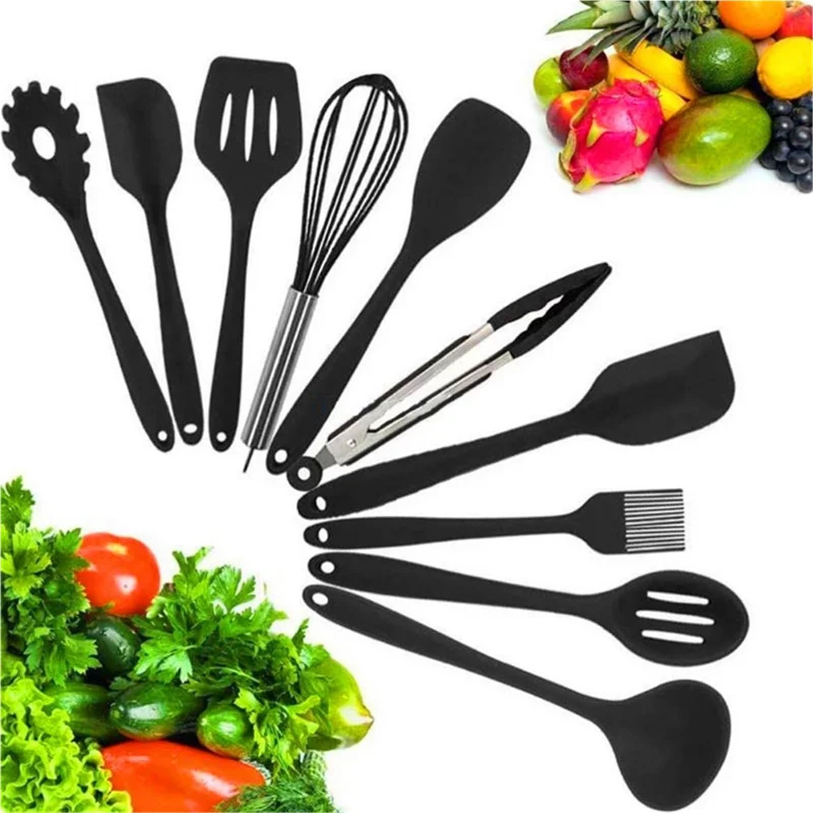 Ustensiles De Cuisine En Silicone Lot Ensemble d'ustensiles de cuisine en Silicone, pince antiadhésive, cuillère, spatule, serveur pâtes, fouet, louche, passoire, 10 pièces/ensemble(Blue)
