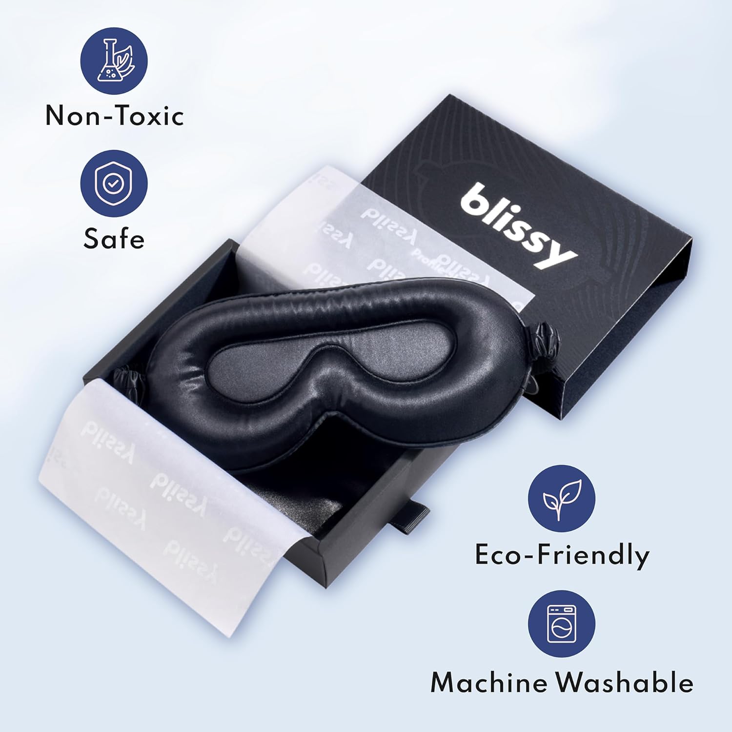 Blissy Silk Sleep Mask Profile - 100% Pure Mulberry Silk 22 Momme 6A Fibers Silk Eye Sleeping Mask for Women & Men for Total Blackout - Blindfold Silk Sleep Mask Side Sleeper Eye Cover (Black) - Image 6