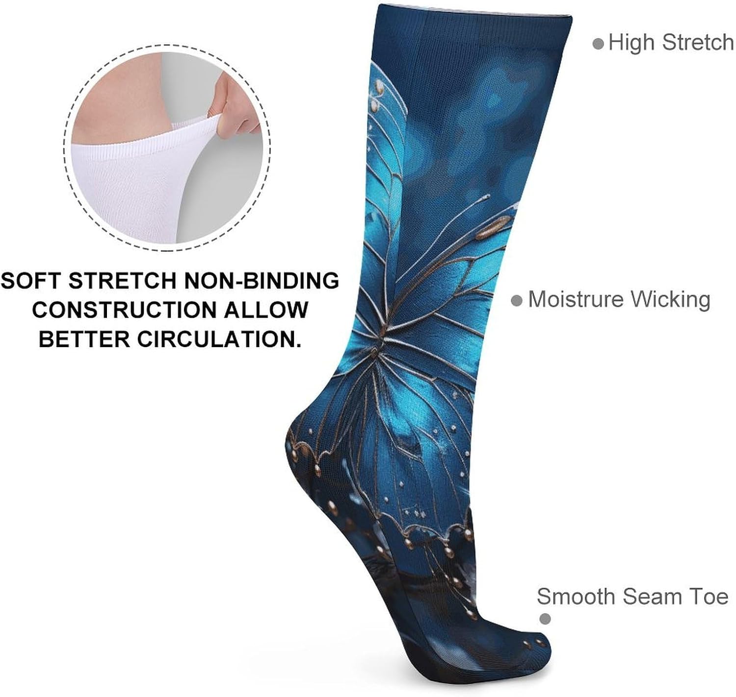 Blue Butterfly And Moon Crew Socks Soft Thermal Socks | Socks for Men Women-Casual Wicking,High Stocking for Sports Running-Long Thin Tube Sports Breathable
