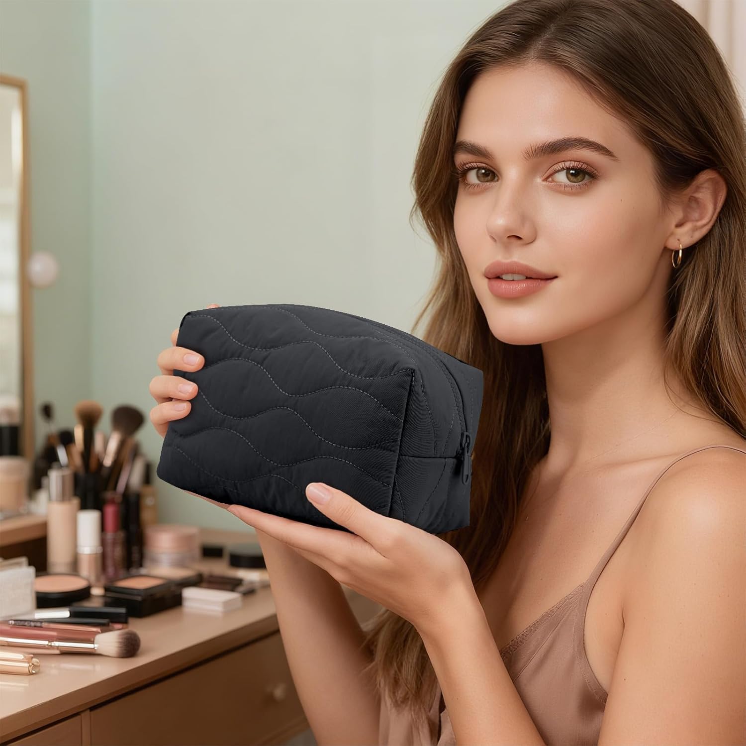 Make up Bag Travel Cosmetic Bag for Women Girls Zipper Puffy Padded Makeup Organizer Waterproof Portable Pouch Purse Lightweight Toiletry Accessories Storage Black - Image 6