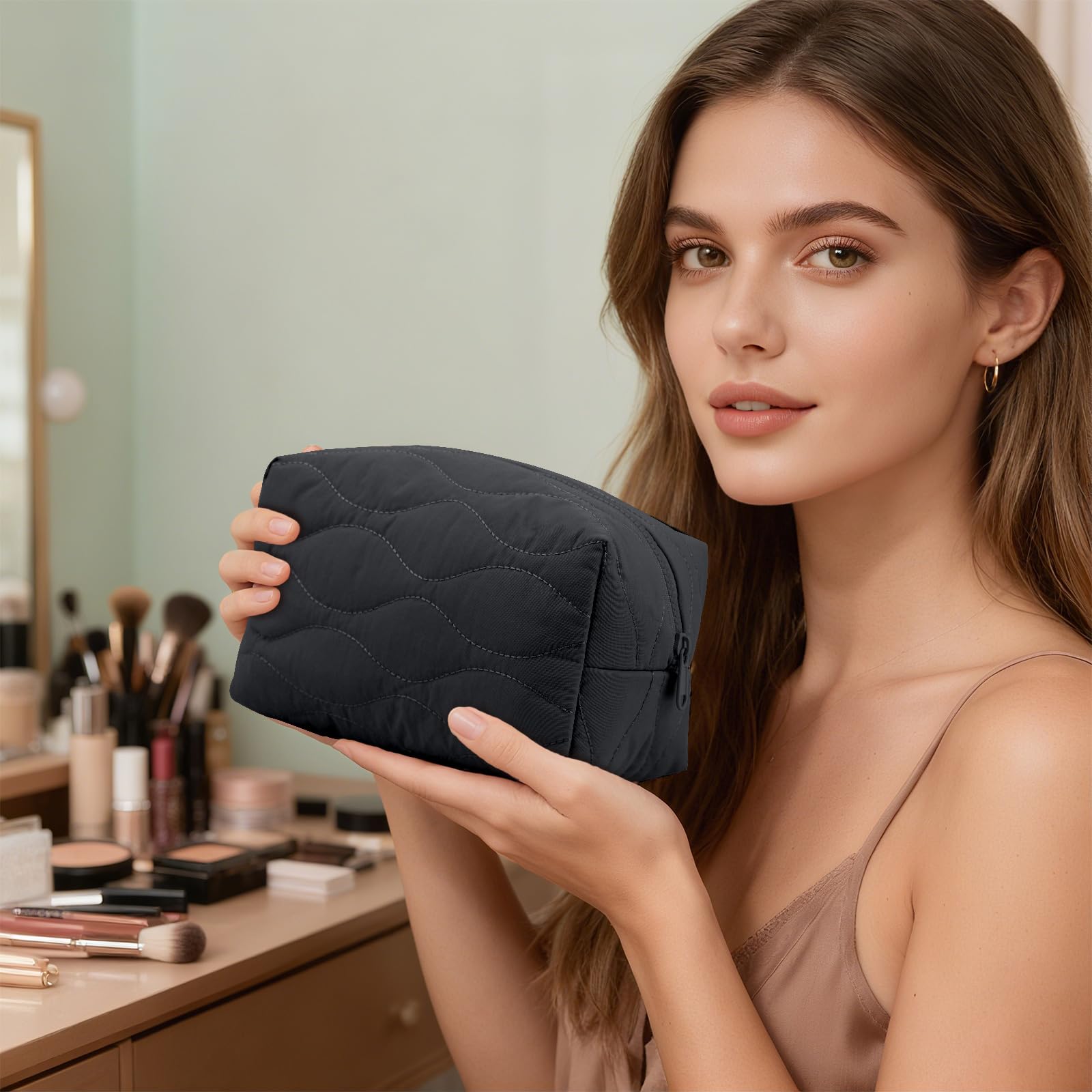 Cosmetic Bag with Zipper Puffy Padded Makeup Organizer for Handbag Travel Small Pouch Purse for Women Girls Waterproof Portable Black - Image 4
