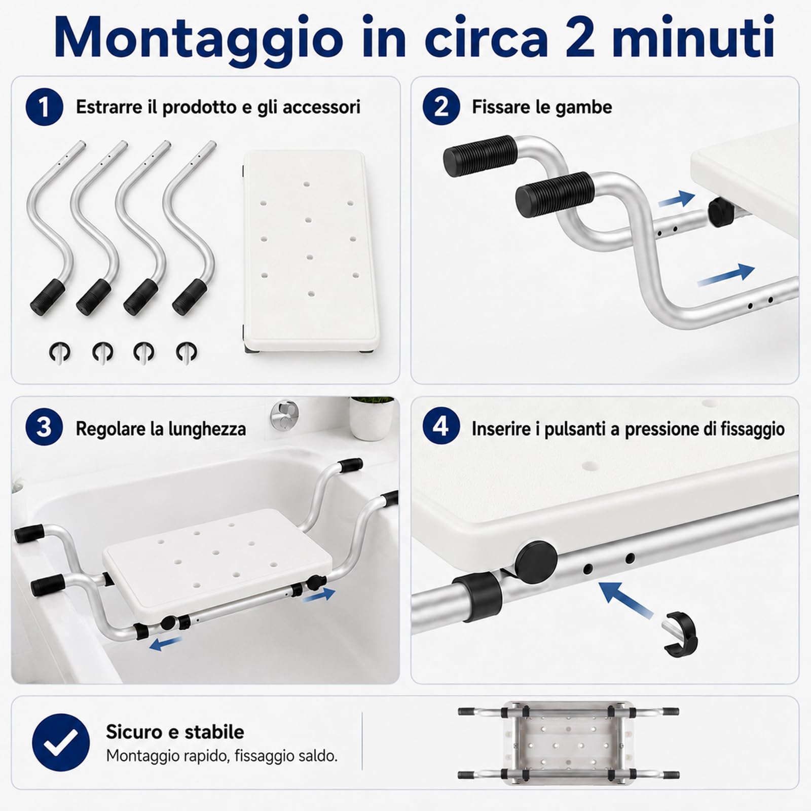 Sgabello da Doccia 3 in 1,OJTOJT Sedile per Vasca da Bagno Allungabile Sedia per Vasca da Bagno 72-82cm Sedia da Doccia Portata 130 kg Sedile Sospeso in Alluminio Seduta Vasca per Anziani