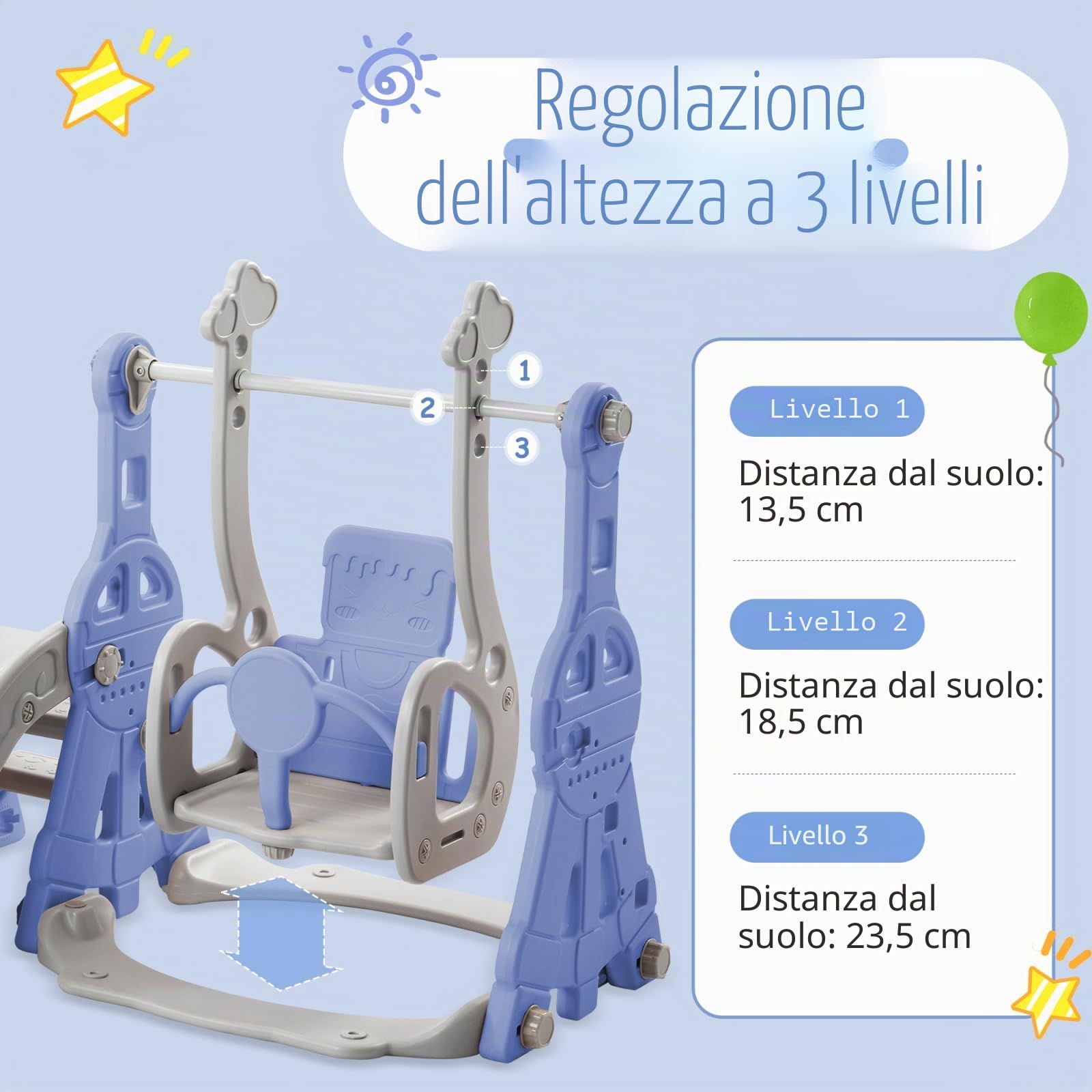 Scivolo a dondolo 4 in 1 per bambini, altalena con scivolo, con supporto da basket, scala (blu)