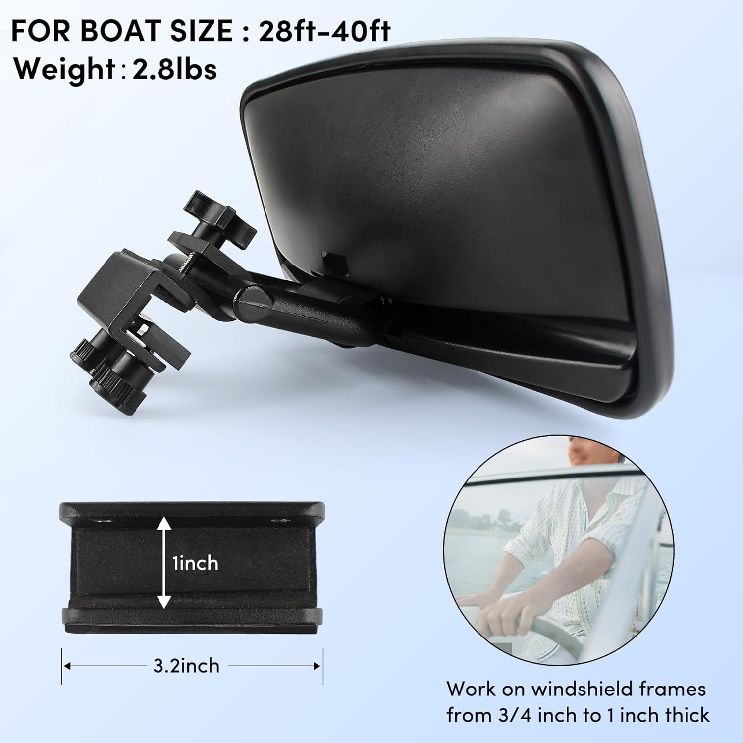 Boat Mirror, 7" x 14" Boat Rear View Mirror, Compatible with 3/4"-1" Windshield Frames, Clamp Mirrors for Pontoon Ski Boats Water Sports Wakeboarding Surfing