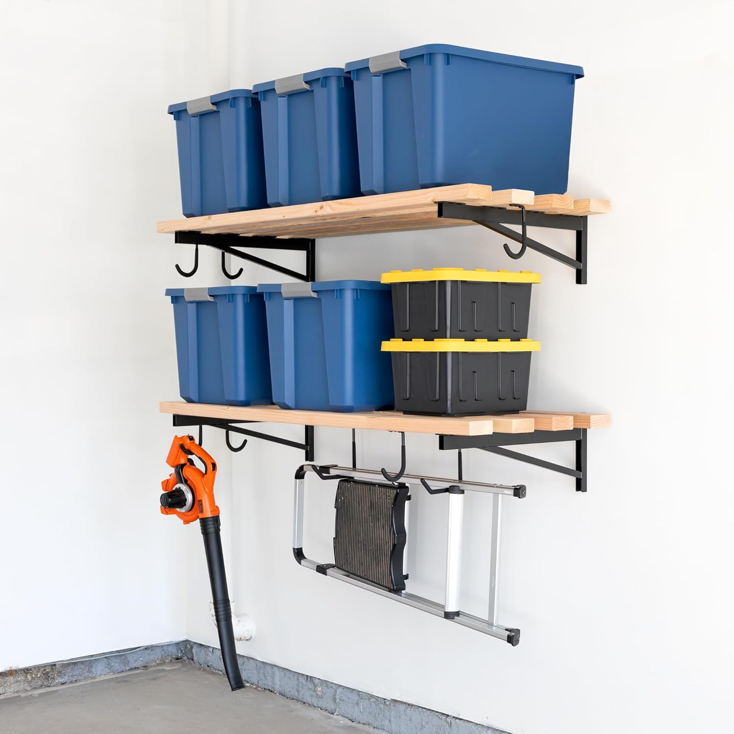 StoreYourBoard 24 Inch Heavy Duty Shelf Brackets, Set of 4 for 2' x 4' DIY Garage Wall Shelves, Holds 600 lbs, Solid Steel, Includes 6 Hooks for Hanging Storage, 23.75" x 1" x 9.5"