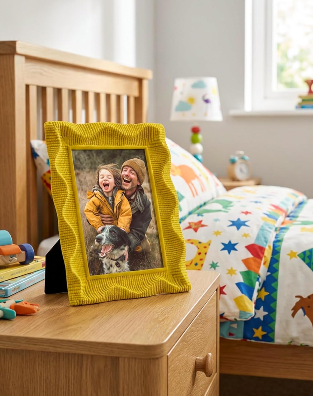 Picture Frames 5x7 for Family Boys Girls Photos, Funky Decorative Frame with Real Glass/Stand, Memorial Frame Gift for Wedding Baby Shower Retirement (Yellow)