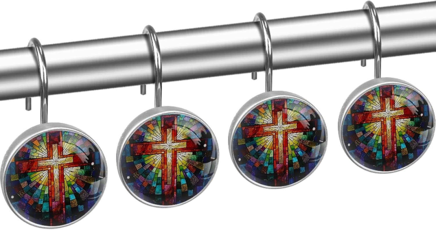Colored Glass Cross Shower Curtain Hooks, Crystal Glass Rust Resistant Shower Curtain Rings for Bathroom Shower Rod, Decorative Shower Hooks Shower Curtain Hanger Rings Roller